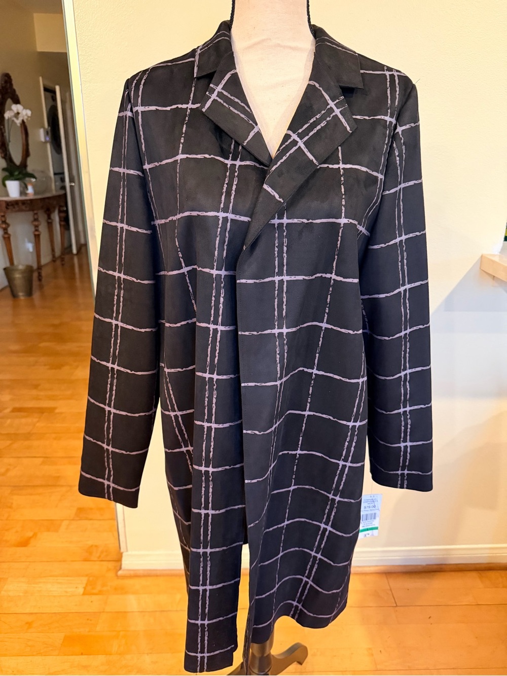 TanJay Black Coat with Pale Pink Grid Lines size large
